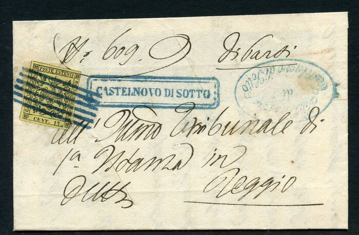 Italian Ancient States - Modena 1852 - 15 c. giallo senza punto su lettera da Castelnovo di Sotto a Reggio - Sassone N. 3
