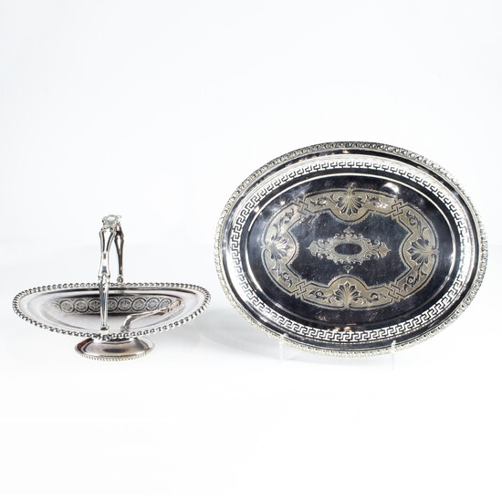 James Dixon & Son Sheffield plate bride's basket and an Aesthetic plate oval tray