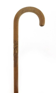Japanese hardwood walking stick carved with three mice, inci...
