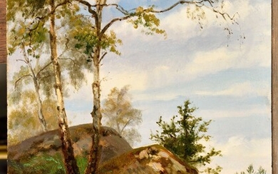 Jules GUEDY (1805-1876) attribué à Paysage aux rochers à Fontainebleau Huile sur papier marouflé sur...