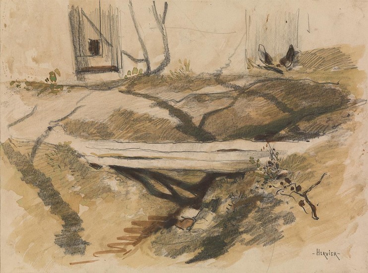LOUIS-ADOLPHE HERVIER (Paris 1818-1879 Paris) Three drawings. Landscape Study with a Ravine, watercolor...