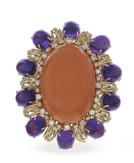 Large Coral, Amethyst and Diamond Ring