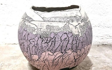 Large Romilla Batra Signed Studio Pottery Vessel Vase, in lavender, pink beige