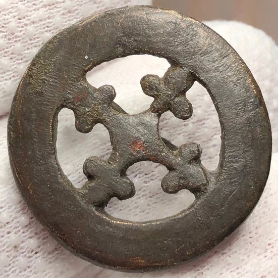 Late Roman/Early Byzantine Bronze Early Christian Bronze Openwork Brooch Fibula shaped as a decorated Cross.