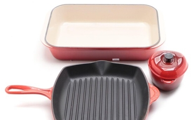 Le Creuset Cerise Red Cast Iron Baking Dish and Grill Pan with Ceramic Casserole