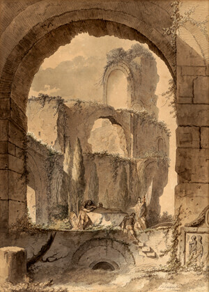 Lebarbier d. Ä., Jean Jacques François – Blick auf eine antike Ruine mit Trauernden an einem Grabmal
