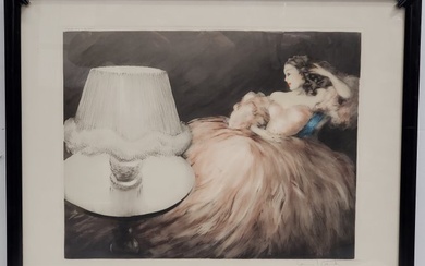Louis Icart Signed Brunette Woman Boudoir Lamp Color Etching Paris 1948