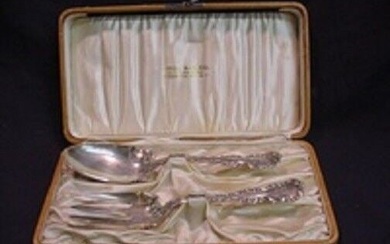 Louis XV By Whiting Sterling Salad Serving Set w/ Leather Box and Whiting Emblem