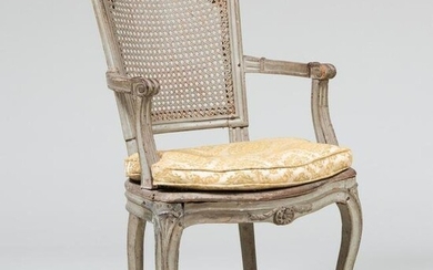 Louis XV/XVI Provincial Painted and Caned Fauteuil en Cabriolet