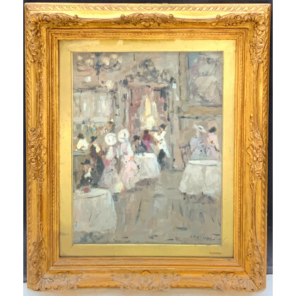 Luigi Cagliani ( Milano 1910 - 1987 ) , "Al vecchio bar" olio su compensato (cm 56,5x46) Firmato in basso a destra. Al retro: timbro e cartiglio del pittore....