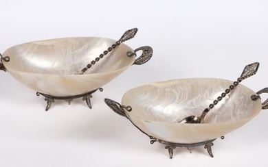 MOTHER-OF-PEARL / NAUTILUS SHELL CAVIAR DISHES WITH SILVER FILIGREE SPOONS, LOT OF TWO