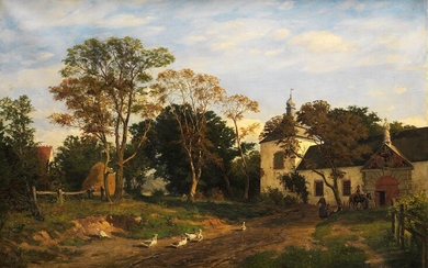 Maler der zweiten Hälfte des 19. Jahrhunderts, GÄNSE AUF DEM MARSCH ZUM TOR EINER SCHLOSSANLAGE