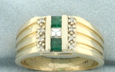 Mens Emerald and Diamond Ring in 14k Yellow Gold