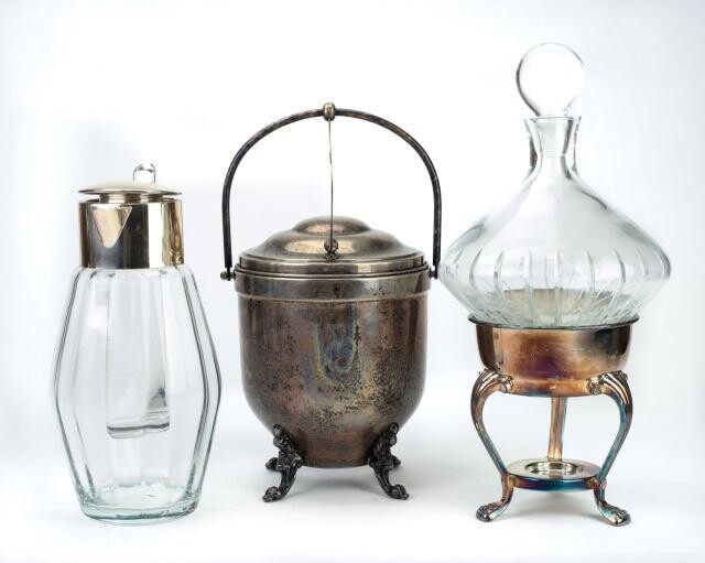 Mid C Silver Plate & Glass Table Items: Decanter