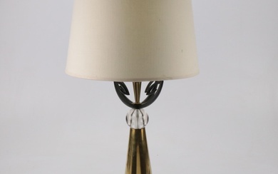 Mid-Century Brass, Iron and Glass Obelisk Table Lamp