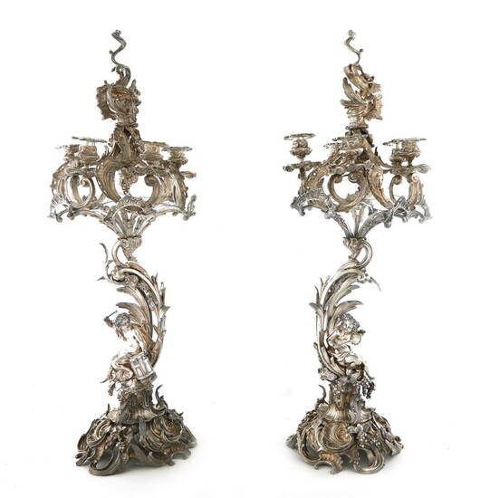 Monumental pair silverplate figural candelabra/centerpiece (6pcs)