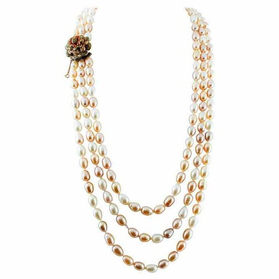Multi-Strands Beaded Pearl Necklace with 9 Karat Rose