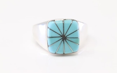 Native America Zuni Sterling Silver Turquoise Inlay Ring By J.L.
