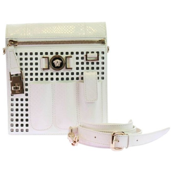 New VERSACE PERFORATED PATENT LEATHER WHITE CROSSBODY