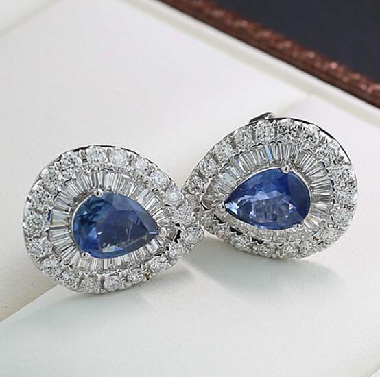 No Reserve Price - 18 kt. White gold - Earrings - 2.72 ct Stud earrings 2 sapphires ALGT expertise trapezoidal and brilliant cut diamonds