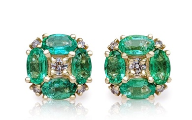 No Reserve Price - Earrings - 14 kt. Yellow gold - 2.04 tw. Emerald - Diamond