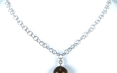 No Reserve Price - Huge Chocolate Tahitian pearl BQ Ø 14.85 mm - Necklace Silver Pearl
