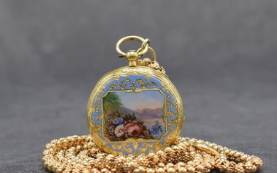 Open face 18k yellow gold ladies pocket watch...
