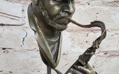 Original Saxophone Player Bust Bronze Sculpture On Marble Base - 10" x 5"