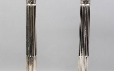 PAIR OF GEORGE III COLUMNAR CRESTED SILVER CANDLESTICKS, LONDON, 1764