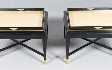 PAIR OF WILLIAMS-SONOMA BRASS MOUNTED BLACK LACQUER TRAY TABLES