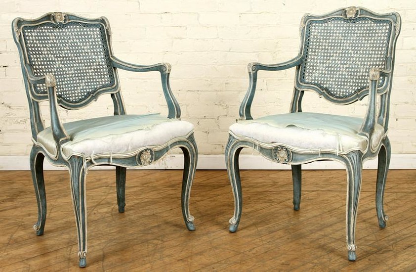 PAIR PAINTED LOUIS XV STYLE OPEN ARM CHAIRS