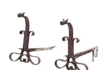 PAIR WROUGHT IRON ANDIRONS WITH DRAGON HEAD DECORATION IN THE...