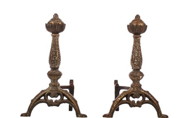 PAIR of BRASS ANDIRONS with HAND WROUGHT FINISH