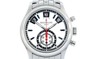 PATEK PHILIPPE - a stainless steel GMT Annual Calendar chronograph bracelet watch, 40mm.