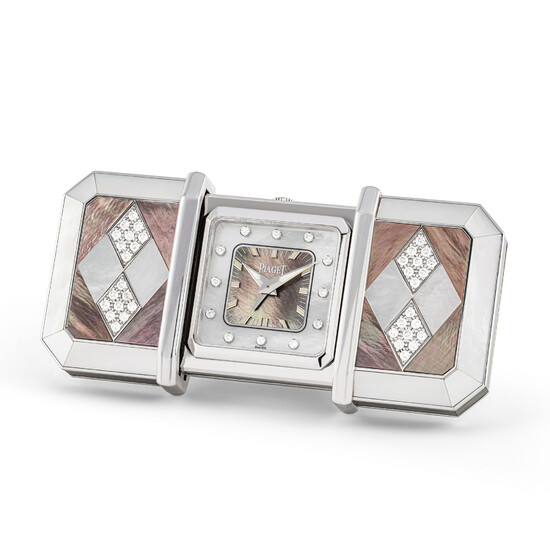 PIAGET, WHITE GOLD, DIAMOND-SET AND MOTHER-OF-PEARL ALARM DESK CLOCK