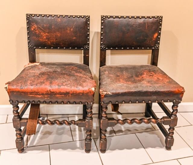 Pair Antique Jacobean Leather Side Chairs