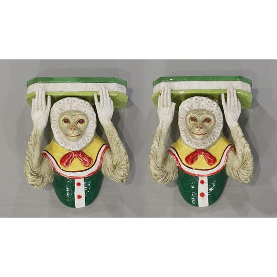 Pair Italian Glazed Pottery Whimsical Monkey Shelves