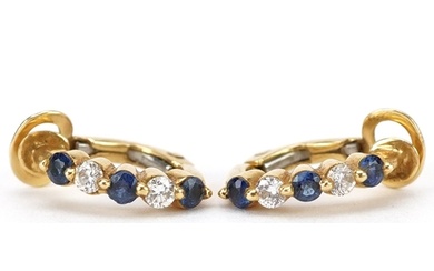 Pair of 18ct gold diamond and sapphire half hoop earrings, t...