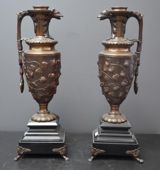 Pair of 19th century Renaissance style bronze candles, black marble base. H: 51 cm