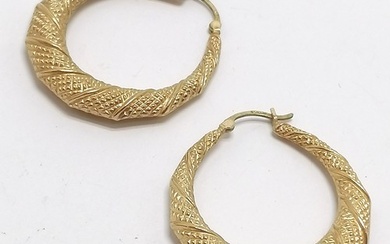 Pair of 9ct hallmarked gold large hoop earrings with twist d...