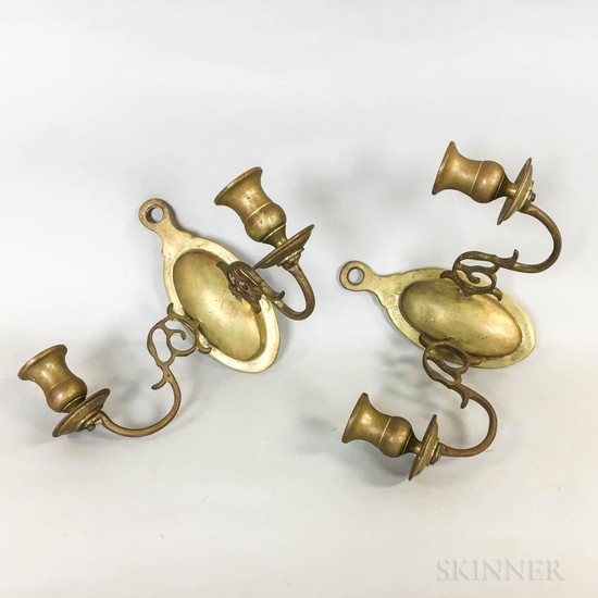 Pair of Brass Two-light Sconces, 19th century, ht. 7, wd. 9 1/2 in.