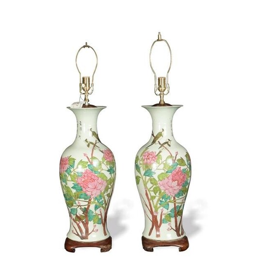 Pair of Chinese Famille Rose Vase Lamps, Republic