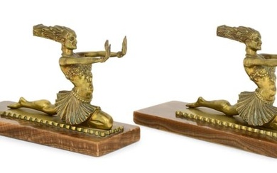 Pair of French Art Deco Gilt Bronze & Onyx Figural Bookends