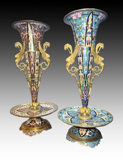 Pair of French Champlevé Enamel and Gilt Bronze Vases, 19th Century
