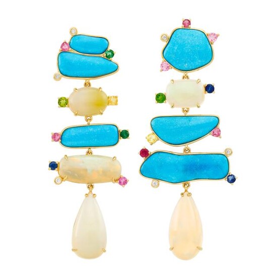 Pair of Gold, Turquoise, Opal and Colored Stone Pendant-Earclips