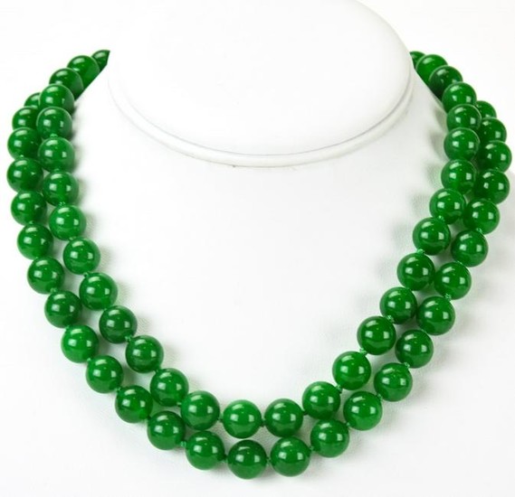 Pair of Hand Knotted Green Jade Necklace Strands