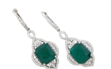 Pair of Platinum Emerald and Diamond Earrings, each with a diamond mounted hoop, suspending a 7.05