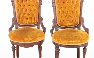 Pair of Renaissance Revival Walnut and Buttoned-Down Velvet Parlor Chairs