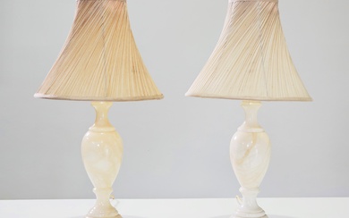 Pair of turned alabaster urn form table lamps (64cm)