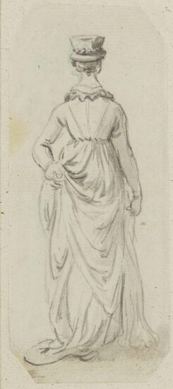 Paul Sandby, RA, British 1731-1809- Sketch of a lady, full-length, wearing a long dress and hat, viewed from behind; pencil and grey wash on paper, 12.3 x 5.1 cm., together with two pencil and watercolours 'Circle of Paul Sandby', 7.4 x 10.3 cm...